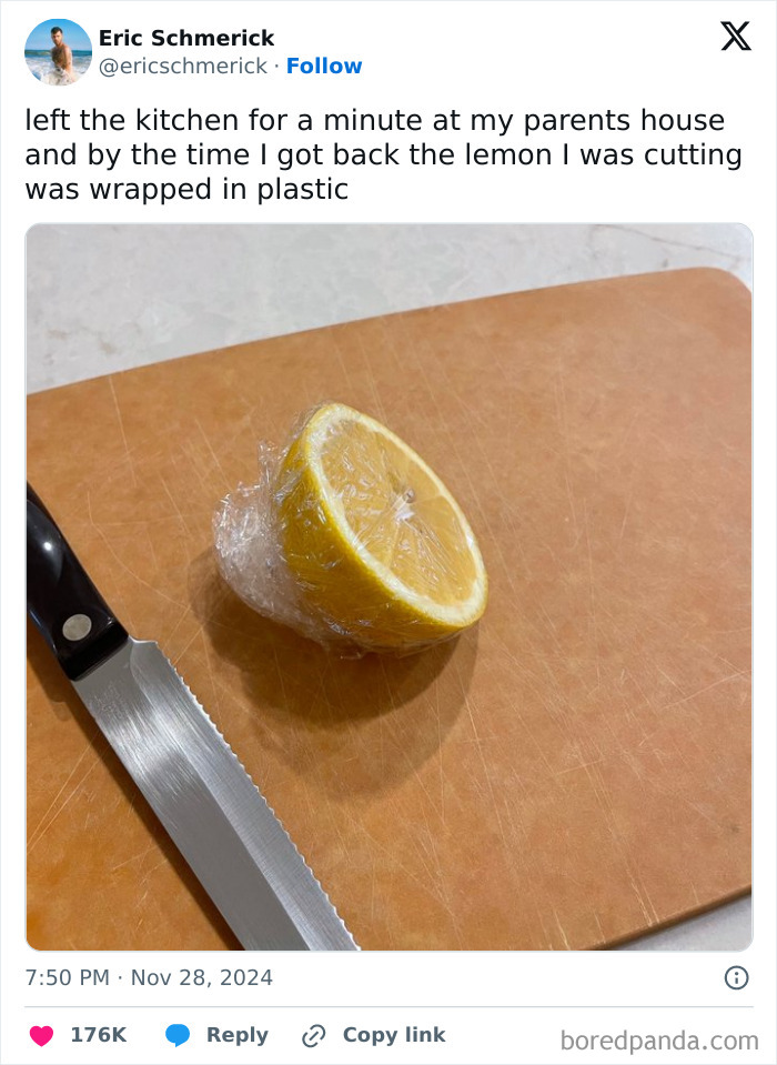 Hilarious Thanksgiving tweet showing a lemon wrapped in plastic on a cutting board next to a knife.