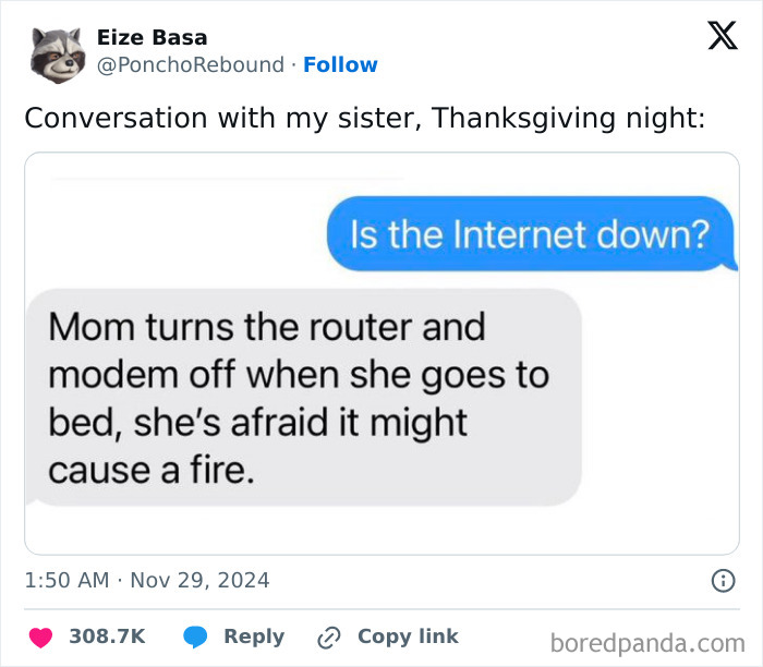 Hilarious Thanksgiving tweet about internet being turned off by mom for safety.