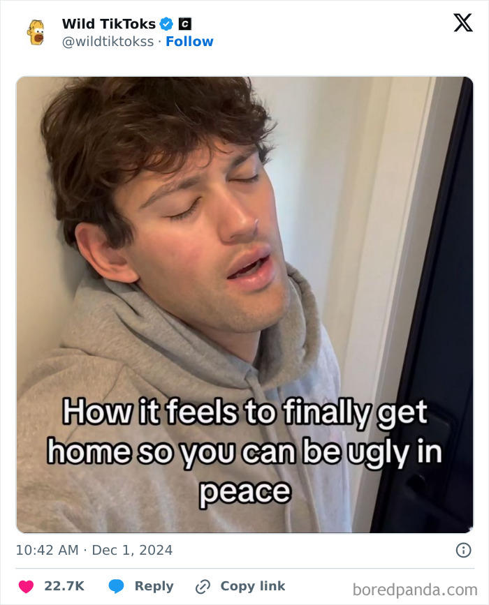 Man in a hoodie leaning against a wall with closed eyes, showcasing a funny TikTok screenshot about relaxing at home.