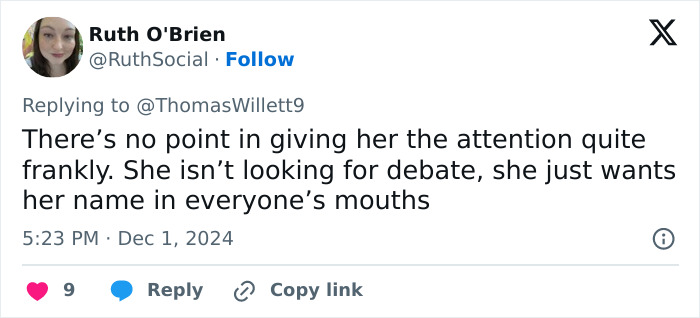 Tweet reacting to JK Rowling's objection, suggesting she seeks attention.