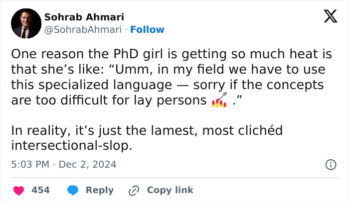 Tweet criticizing &ldquo;politics of smell&rdquo; thesis for using complex language and intersectional ideas.