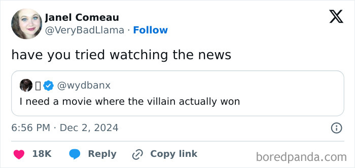 Tweet reply humorously comparing news to a movie where the villain wins; part of funniest tweets compilation.