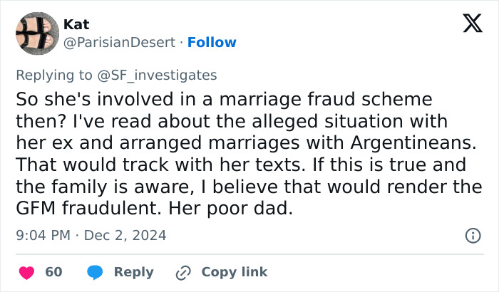 Tweet about Hannah Kobayashi&rsquo;s link to marriage scam involving Argentineans, discussing potential fraud.