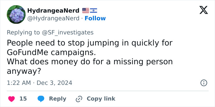 Tweet questioning GoFundMe support for a missing person linked to marriage scam investigation.