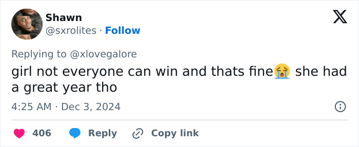 Tweet by Shawn responding to @xlovegalore about a contest outcome, mentioning a "great year" despite not winning. Tweet by Shawn responding to @xlovegalore about a contest outcome, mentioning a "great year" despite not winning.