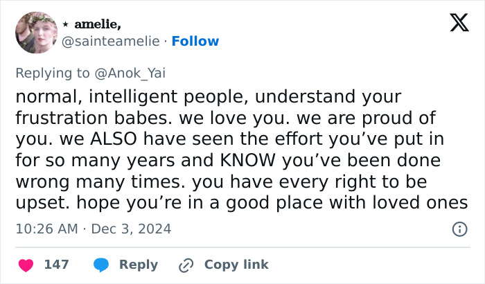 Tweet expressing support and understanding regarding Model of the Year contest results. Tweet expressing support and understanding regarding Model of the Year contest results.