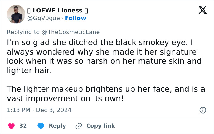 Tweet discussing makeup changes, highlighting improvement with lighter makeup for mature skin and hair.