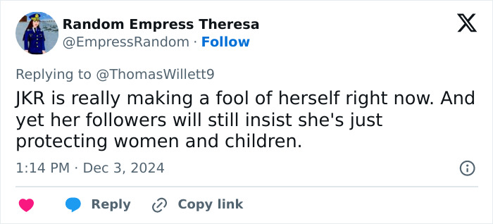 Tweet reacting to JK Rowling's objection with critical comment on her actions.