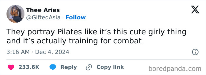 Tweet humorously compares Pilates to combat training.