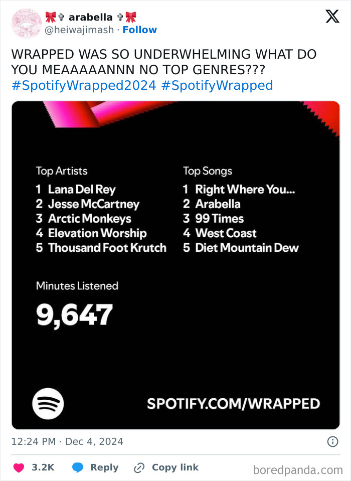 Spotify Wrapped 2024 results featuring top artists and songs, with user expressing disappointment in the content.