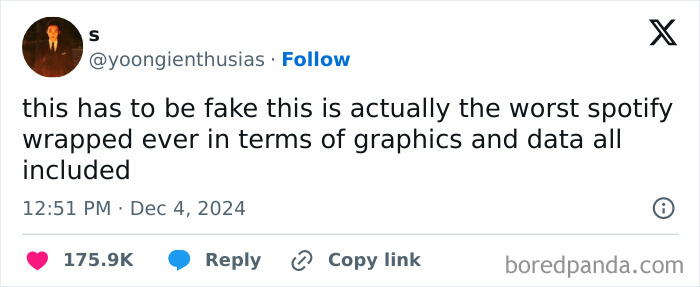Tweet criticizing Spotify Wrapped 2024 for poor graphics and data layout, highlighting user disappointment.