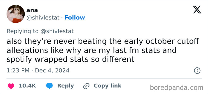 Tweet expressing disappointment with Spotify Wrapped 2024 stats differing from Last.fm stats.