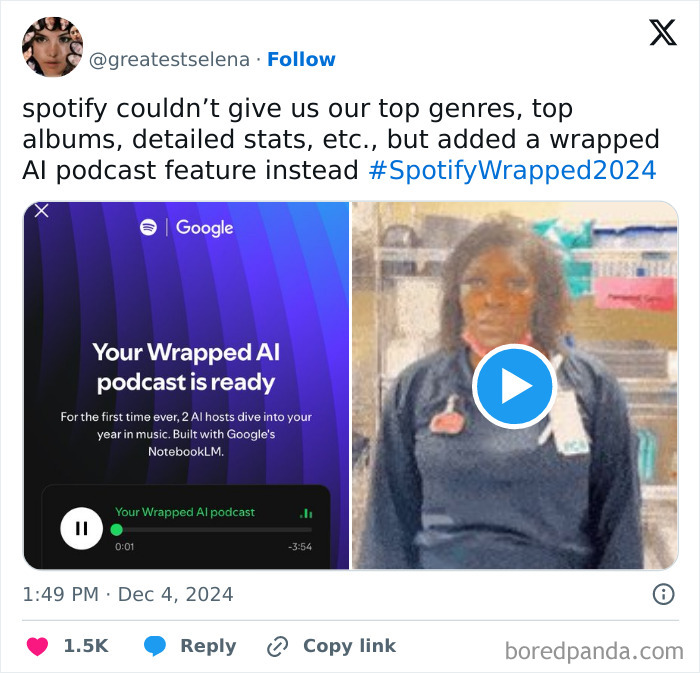 Spotify Wrapped 2024 reaction with AI podcast feature, user disappointed about missing music stats.