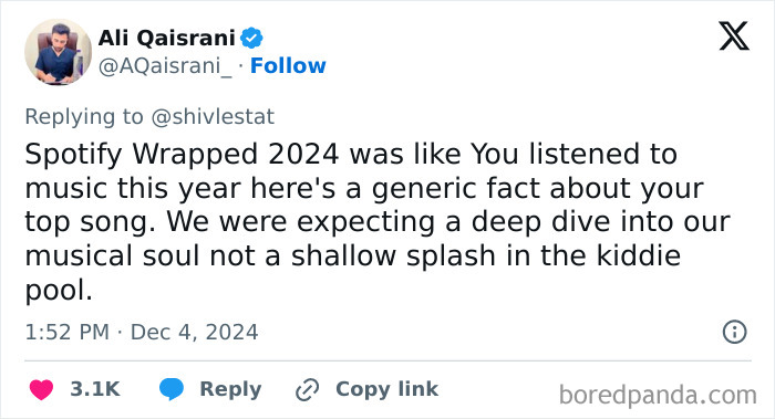 Tweet criticizing Spotify Wrapped 2024 for lacking depth in musical insights.