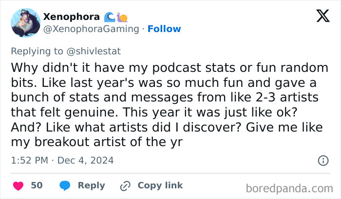 Tweet expressing disappointment over Spotify Wrapped 2024 missing podcast stats and fun features.