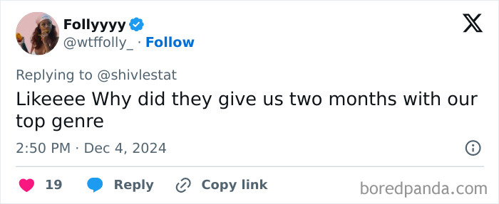 Tweet expressing disappointment in Spotify Wrapped 2024's top genre duration.