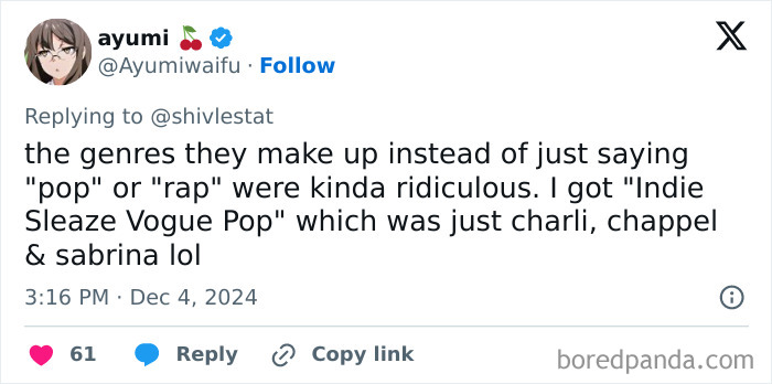 Tweet reacting to Spotify Wrapped 2024 genre names, expressing disappointment with "Indie Sleaze Vogue Pop" label.