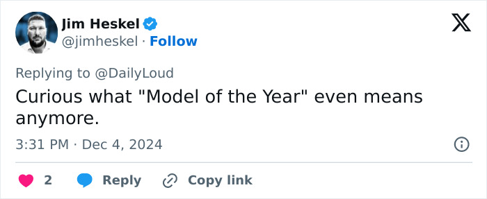 Tweet questioning the meaning of "Model of the Year" amid recent controversy. Tweet questioning the meaning of "Model of the Year" amid recent controversy.