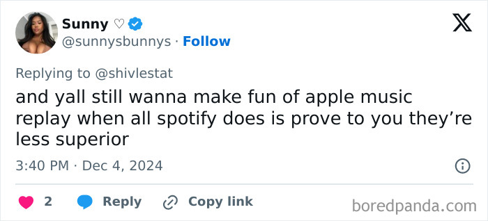 Tweet reacting to Spotify Wrapped 2024, expressing disappointment compared to Apple Music Replay.