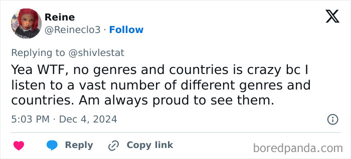 Tweet expressing disappointment with Spotify Wrapped 2024, mentioning no genres and countries.