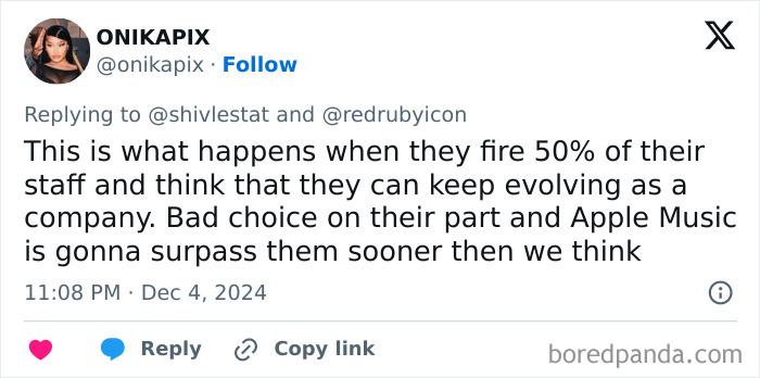 Tweet expressing disappointment with Spotify Wrapped 2024 and predicting Apple Music's potential rise.