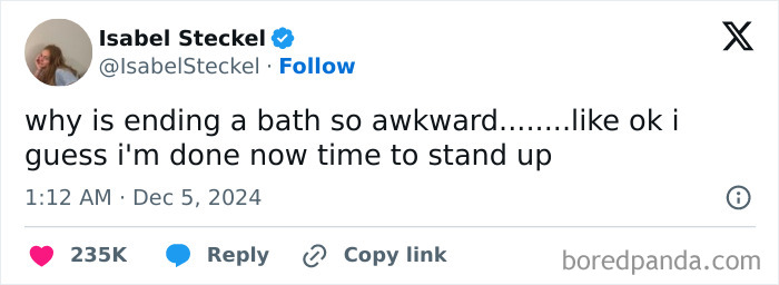 Tweet about the awkwardness of ending a bath, humorously capturing a relatable moment.