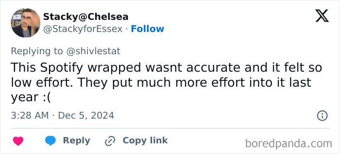 Tweet expressing disappointment with Spotify Wrapped 2024, mentioning it feels low effort compared to last year.
