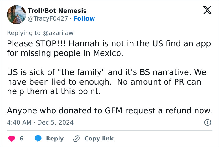 Social media post discussing Hannah Kobayashi and requesting refunds for donations, mentions green card marriage scam.