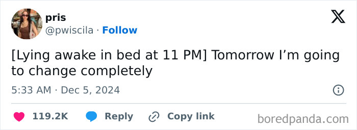 Screenshot of a December tweet about bedtime resolutions with likes and engagement metrics.