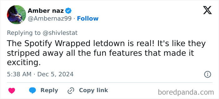 Tweet expressing disappointment about Spotify Wrapped 2024 features.