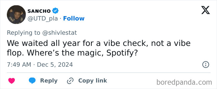 Tweet expressing disappointment with Spotify Wrapped 2024, questioning its impact and magic.