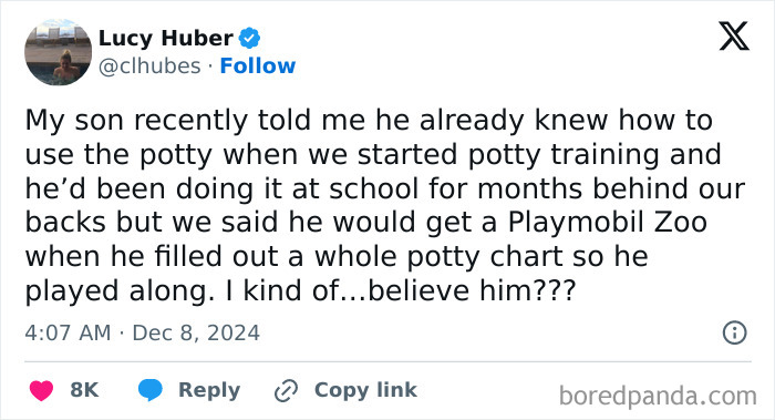 Tweet by a parent sharing a funny story about their son's potty training experience.