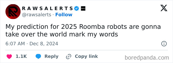 Tweet about 2025 predictions for Roomba robots taking over the world.