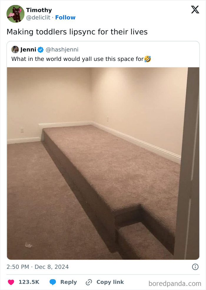 Funny tweet about a small carpeted stage in a basement-like room, humorously suggesting it's for toddlers to lipsync.