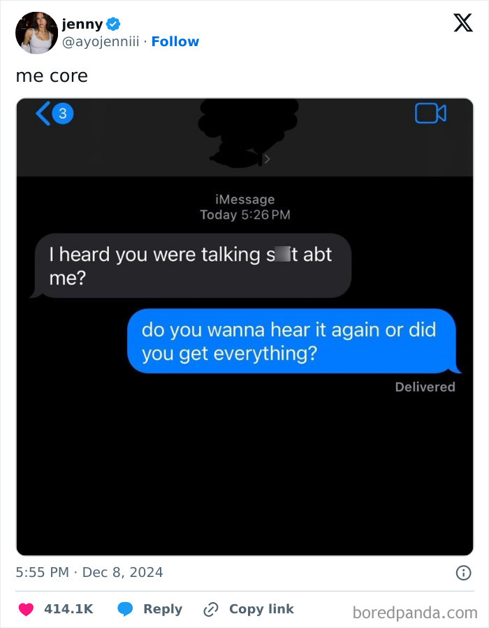 Funny tweet screenshot: someone responds to gossip query with a witty comeback. Transcript in messaging app.