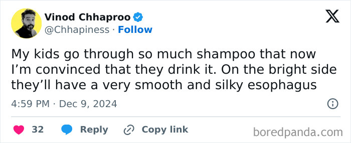 Hilarious tweet from a parent joking about kids using too much shampoo.