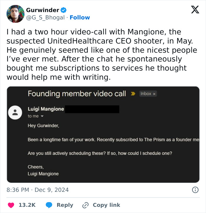 Tweet discussing Luigi Mangione and a video call, featuring an email screenshot with Mangione's message.
