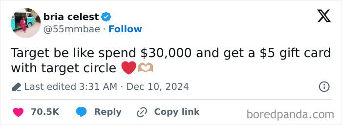 Funny tweet about Target's gifting policy, highlighting humor in spending rewards.