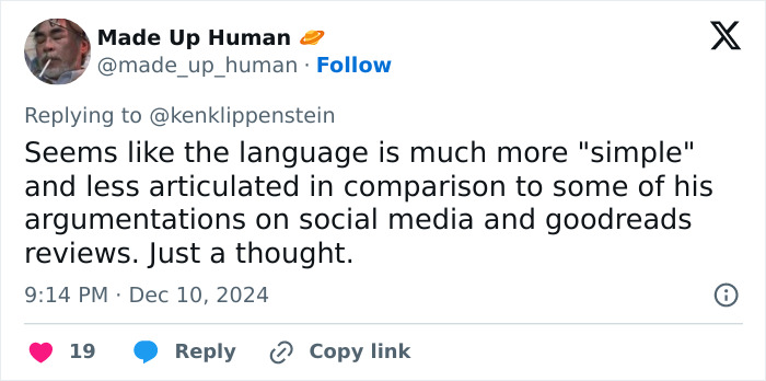 Tweet discussing Luigi Mangione's manifesto language compared to social media posts.