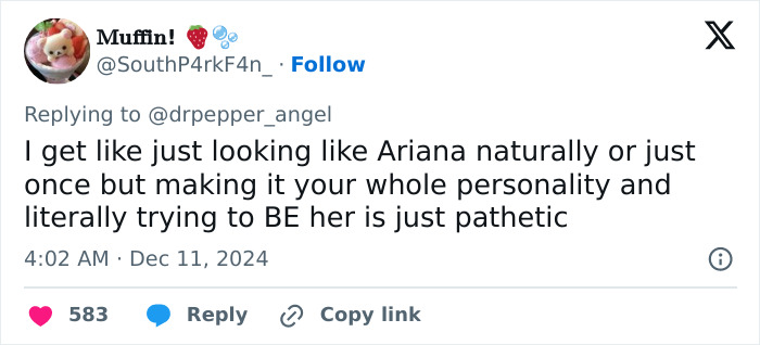 Tweet criticizing an Ariana Grande impersonator for trying to mirror the singer's look and personality. Tweet criticizing an Ariana Grande impersonator for trying to mirror the singer's look and personality.