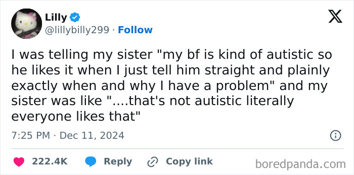 A tweet by Lilly with a funny comment about clear communication preferences.