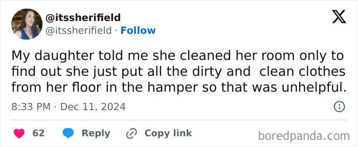Tweet by a parent about a daughter’s cleaning strategy, mixing dirty and clean clothes in a hamper.