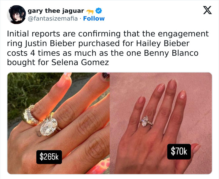 Comparison of engagement rings: Hailey Bieber's $265k ring versus Selena Gomez's $70k ring. Comparison of engagement rings: Hailey Bieber's $265k ring versus Selena Gomez's $70k ring.