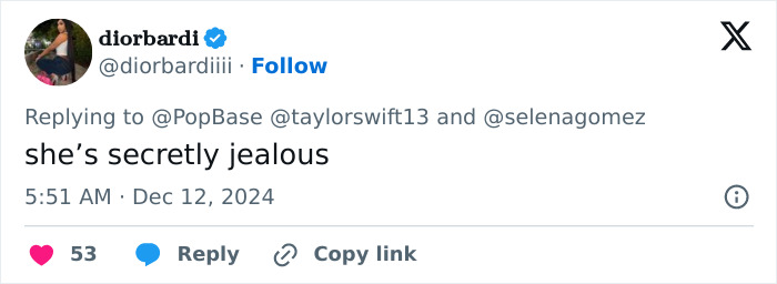 Tweet about Taylor Swift's reaction to Selena Gomez's engagement, with user comment: "she&rsquo;s secretly jealous.