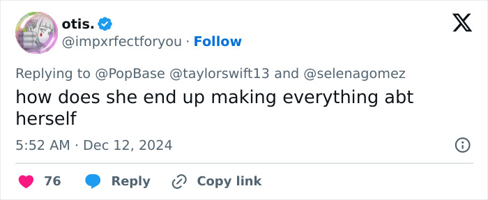 Screenshot of a tweet criticizing Taylor Swift for making everything about herself.