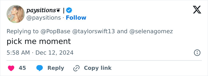Screenshot of a tweet mentioning Taylor Swift and Selena Gomez regarding a "pick me moment.