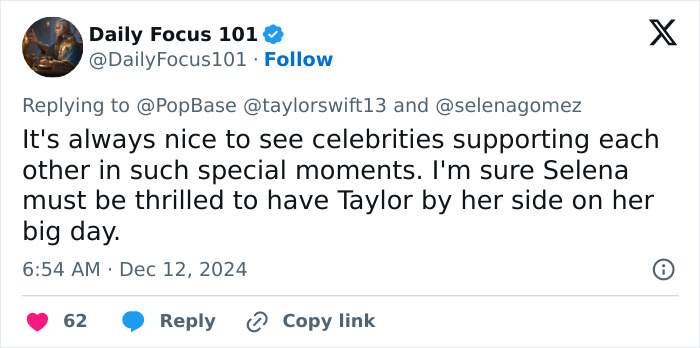 Tweet about Taylor Swift supporting Selena Gomez on her engagement day.