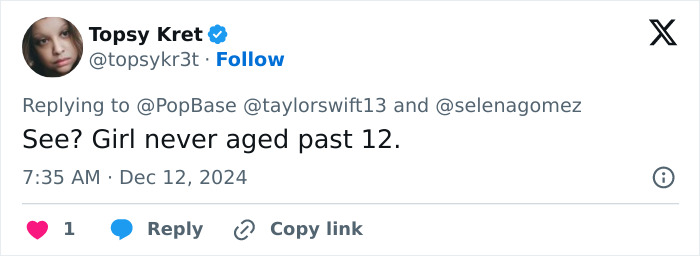 Tweet mentioning Taylor Swift and Selena Gomez about never aging past 12.
