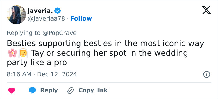 Tweet about Taylor Swift supporting Selena Gomez's engagement with best friend emojis.