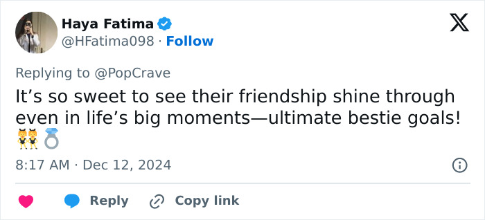 Tweet discussing Taylor Swift and Selena Gomez's friendship during Gomez's engagement news.